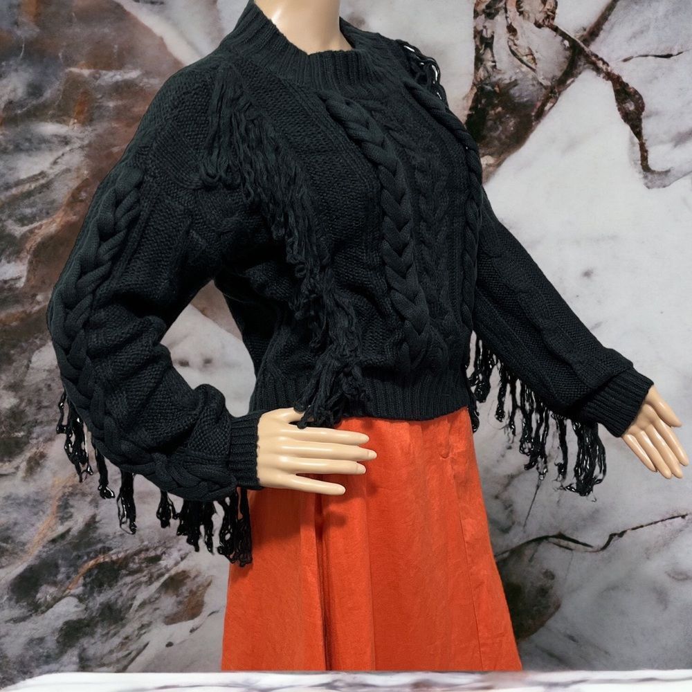 525 America Fringe Braided Cable Knit Sweater, NWT
